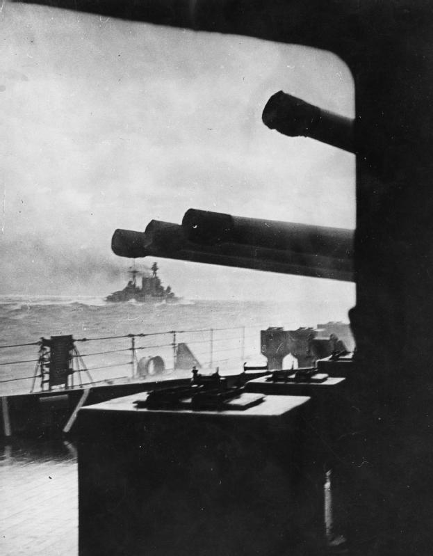 HMS Hood going into action against Bismarck and Prinz Eugen, Battle of the Denmark Strait, 24 May 1941
